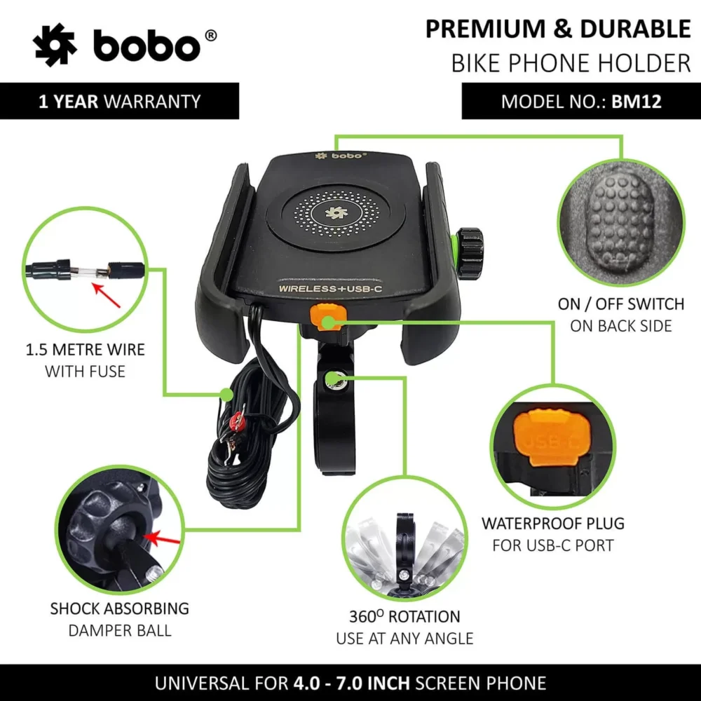 Bobo Bm12 Bike Phone Holder With Fast 15W Wireless