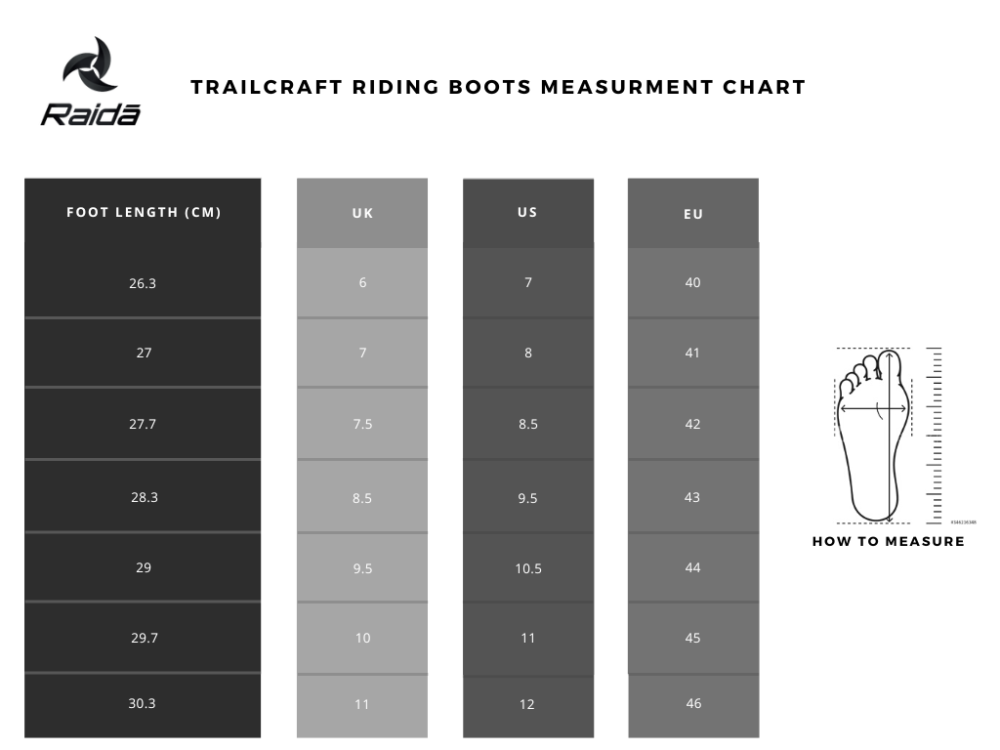 Trailcraft-size-chart Raida Trailcraft Motorcycle Boots