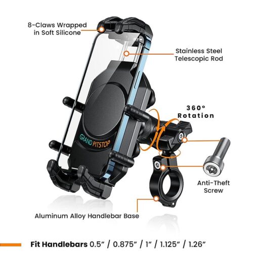 4-Sided Grip Mobile Holder with Anti Theft Handlebar Mount