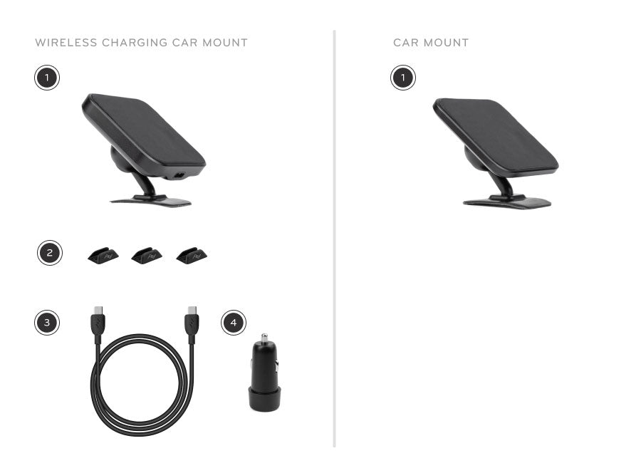 Wireless Charging Car Mount with three Charging Cable Routing Clips, a USB-C to USB-C Charging cable, and Cigarette Lighter Power Adapter